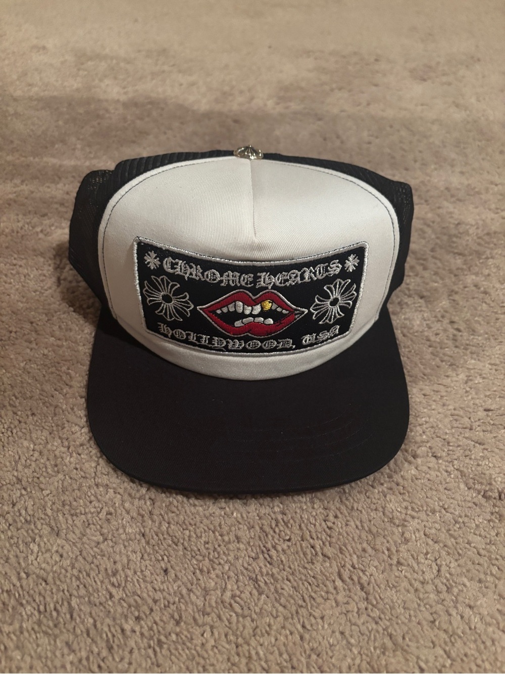 Chrome Hearts Black Mesh Trucker Cap with White Logo Patch